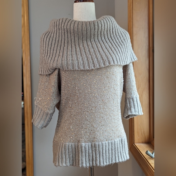 Elle Gold Sequin Cowl Neck Off Shoulder Sweater Women's Small Oversized - Picture 1 of 10